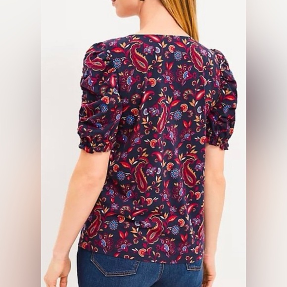 LOFT Paisley Ruffle Cinched Sleeve V-Neck Top SZ XXL - Picture 2 of 12